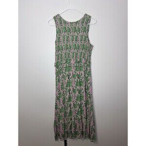 Melloday Floral Smocked Maxi Dress Tiered Pockets Pink Resort Tropical Garden M
